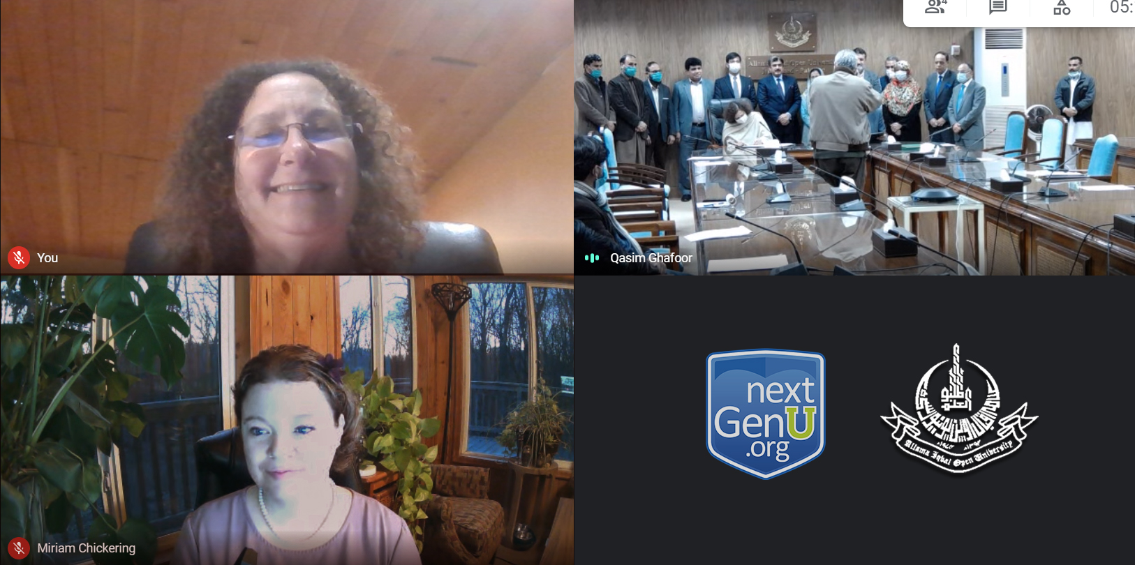 NextGenU.org Founder, Dr. Erica Frank, and Chief Executive Officer, Miriam Chickering, virtually attend NextGenU.org's, NHSD's, and Allama Iqbal Open University’s signing ceremony
